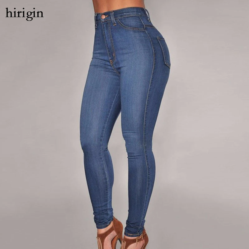 high waist elasticity jeans 2017 fashion women ladies solid blue casual