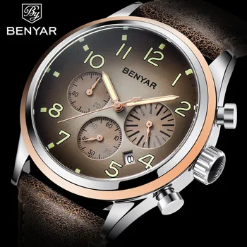 

BENYAR Men Watch Top Brand Luxury Male Leather Waterproof Sport Quartz Chronograph Military Wristwatch Clock Relogio Masculino