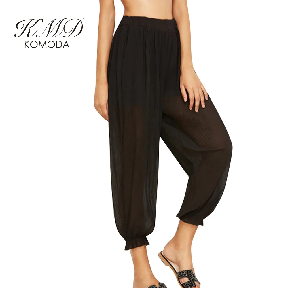 KMD KOMODA Women Pants Solid Black High Waist Sheer Harem Pants Basic