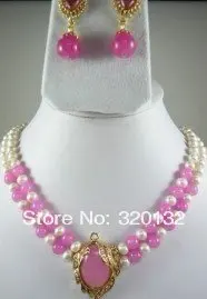 

Charming 2Rows White Pearl &Pink jade Necklace Earring Set 18K White Gold Plated Jewellery sets free shipping
