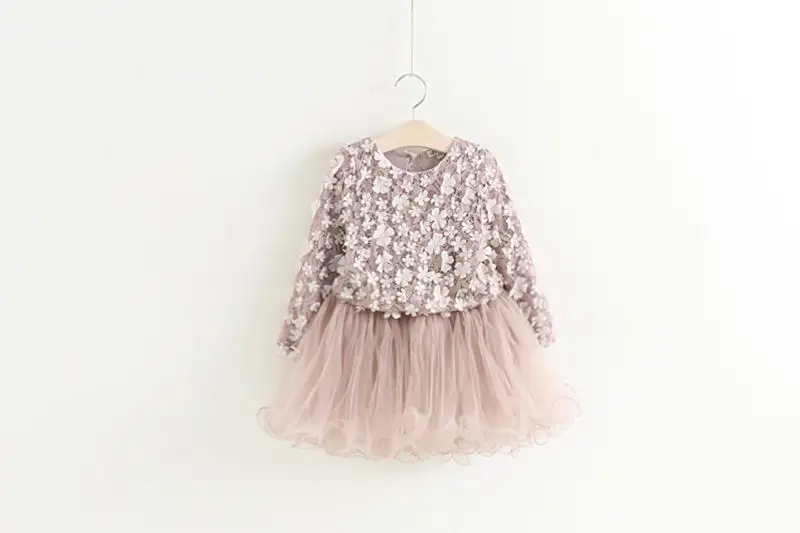 Весенне-осеннее платье принцессы для девочек Пышное Платье с длинными сетчатыми рукавами и стерео лепестки одежда для детей возрастом от 3 до 7 лет, E6494