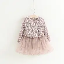 Весенне-осеннее платье принцессы для девочек Пышное Платье с длинными сетчатыми рукавами и стерео лепестки одежда для детей возрастом от 3 до 7 лет, E6494