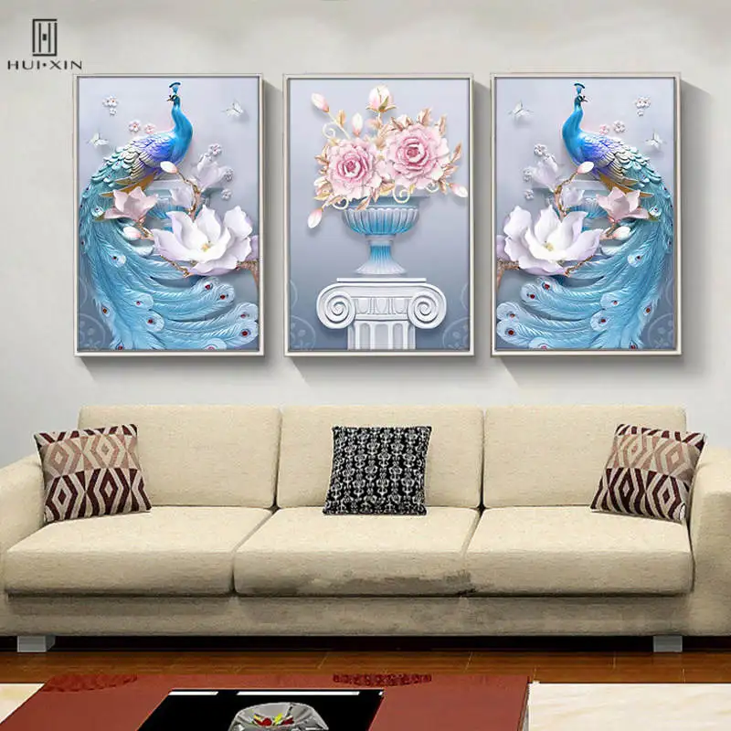 

Modern American Style Flowers With Peacock Theme Unframed HD Pattern Paintings Wall Art Print For Hallway Sofa Background Decor