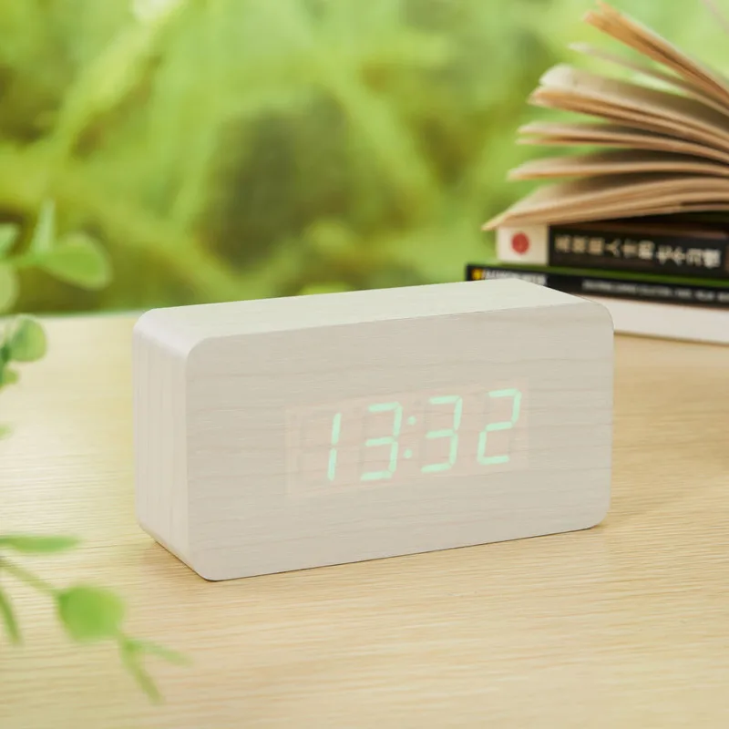Бамбуковые и деревянные цифровые LEDclock календарь термометр акустический контроль зондирования настольные винтажные настольные электронные часы despertador - Цвет: White green