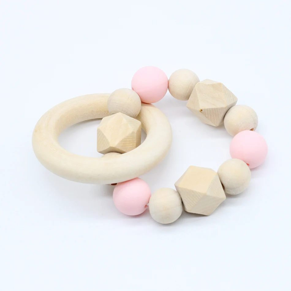 Anneau de dentition en bois naturel 1 pièce | Perles en Silicone, Bracelet de tissage manuel, jouets bio pour nourrissons, cadeau neutre, soins bébé