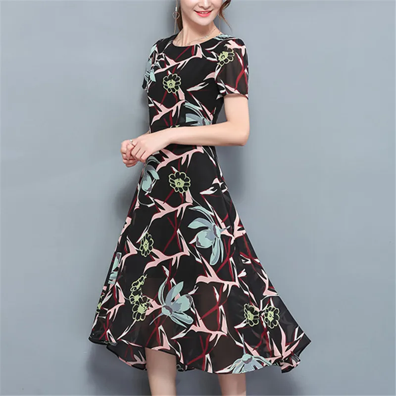 2018 Summer Printed Women Chiffon Dress Elegant O Neck Ladies Party