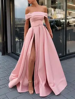 

2019 Strapless Pink Off the Shoulder Prom Dresses With Split Simple Satin Teens Girls Formal Evening Prom Party Dress Custom Mad