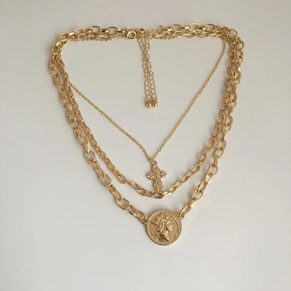 

FASHION JEWELRY NECKLACE GOLD COLOR COIN AND CROSS PENDANT SHORT FOR WOMEN GIRL