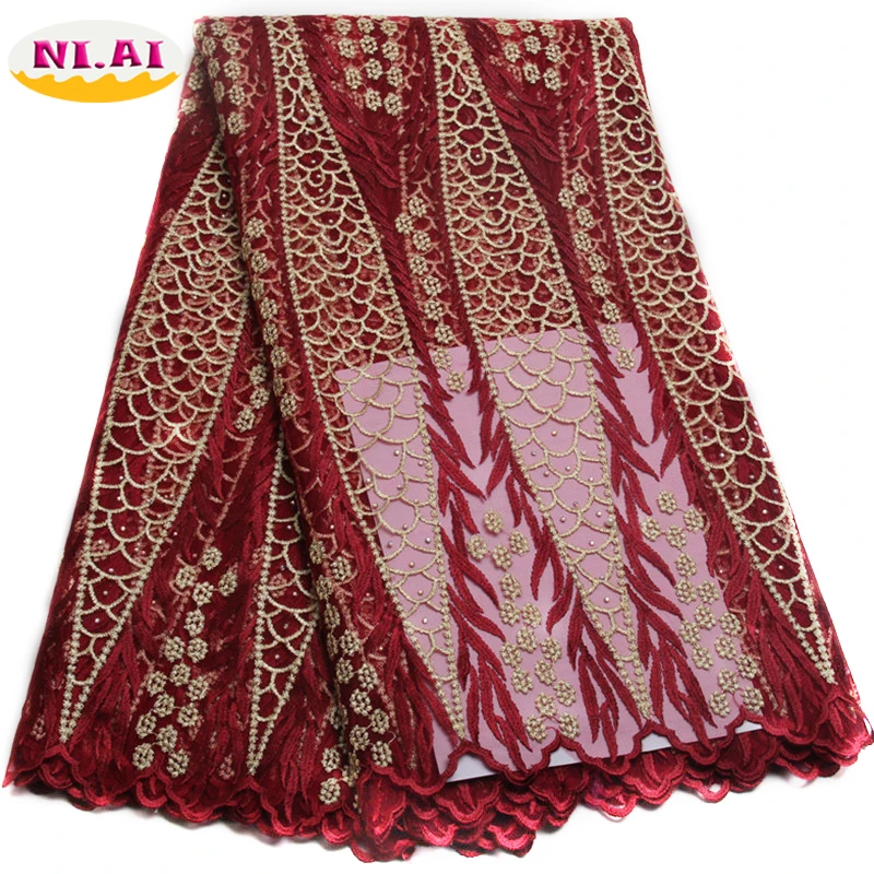 

2017 african cord lace High quality french lace fabric with plenty stones.Wine African lace fabric for nigerian Wedding XY413B