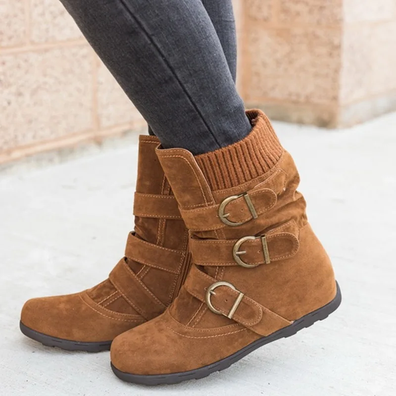 

2018 Autumn Winter Flat Boots Women Warm Matte Flock Buckle Suede Ankle Boots para mulheres tornozelo Snow Shoes Plus Size 43