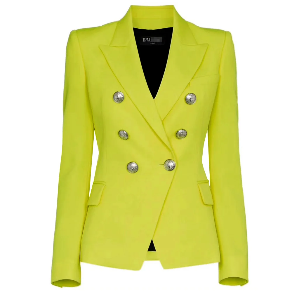 

S-XXL high quality 2019 new fashion yellow three-dimensional cut Slim temperament double row silver button commute woman Blazers