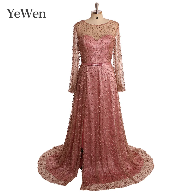 

YeWen Plus Size Long Sleeves Pink Pearls Evening dress 2019 Burungdy White Bow formal dress muslim prom dress