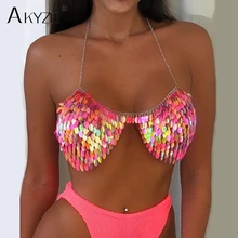 Короткий топ ручной работы на бретельках с блестками и открытой спиной, майка с металлической цепочкой для ночного клуба, пляжные женские летние топы