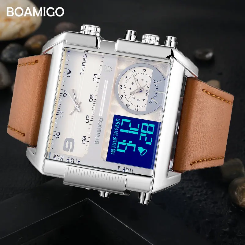 men 3 time zone watches BOAMIGO brand man sports digital analog watches leather rectangle wristwatches waterproof gift clock