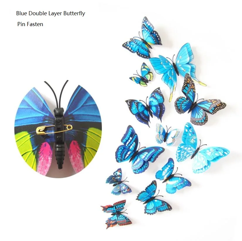 12 шт. ПВХ 3D двойной слой бабочка декор милые бабочки шторы наклейки украшение дома комнаты занавески украшения искусства - Цвет: Blue-Pin