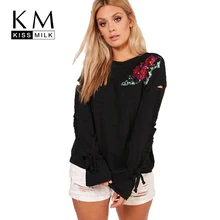 Kissmilk, женская футболка, плюс размер, Цветочная, с блестками, с рукавом, с отверстием, футболка с длинным рукавом, черная, Круглый ворот, базовые Топы, большой размер, Повседневная футболка