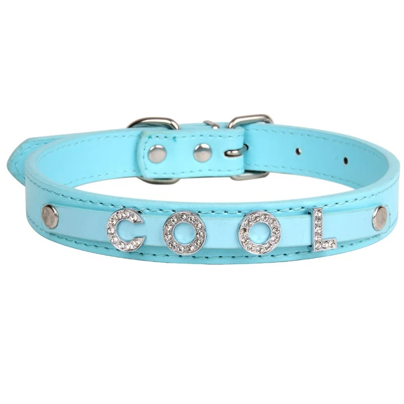 Light blue Индивидуальный ошейник с именем собаки, индивидуальный ошейник для питомца, искусственная кожа, стразы, ошейники с именем собаки, гравировка для маленьких, средних и больших собак - Цвет: Light blue