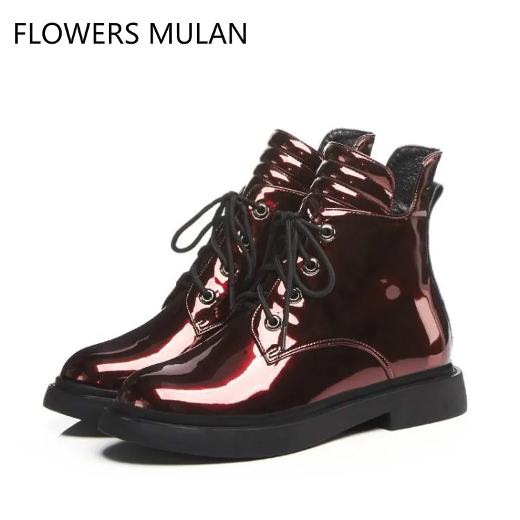 

2018 New Luxury Wine Red Green Patent Leather Winter Ankle Boots For Women Round Toe Low Chunky Heel Lace Up Ladies Botas Shoes