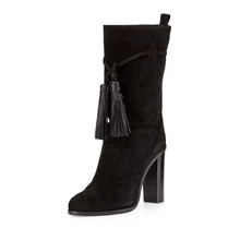 Лидер продаж круглый носок на высоком каблуке пинетки Mujer Винтаж со шнуровкой; украшение в виде бахромы ботильоны Демисезонная женская обувь