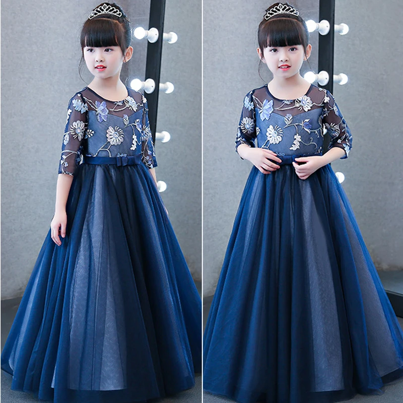

Fashion Children Girls Embroidery Flowers Lace Ball Gown Party Long Dress Kids Model Shower Performance Pageant Dress Clothes