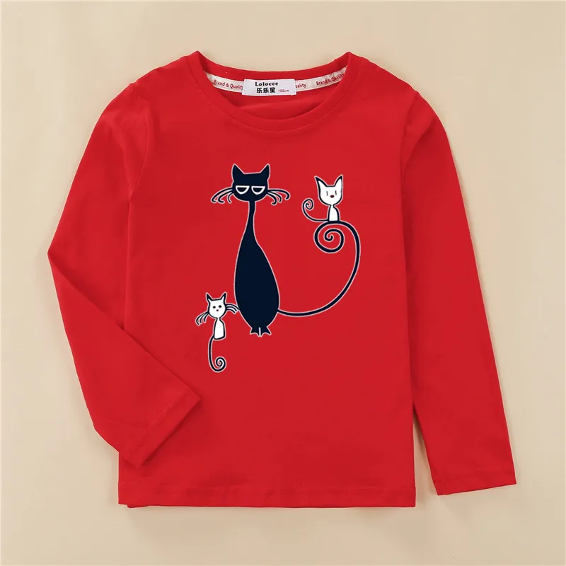 Футболки с принтом котенка; футболка для девочек; Модная одежда с длинными рукавами; топы для маленьких девочек с милым рисунком кота; детская футболка из чистого хлопка - Цвет: Red