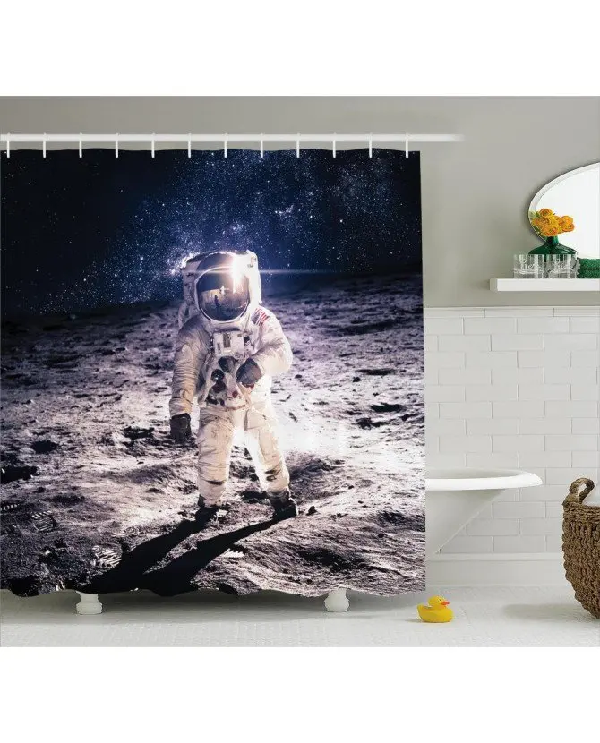 

Cosmic Shower Curtain Moon Surface Journey Print For Bathroom100% Polyester And waterproof Set with Hooks