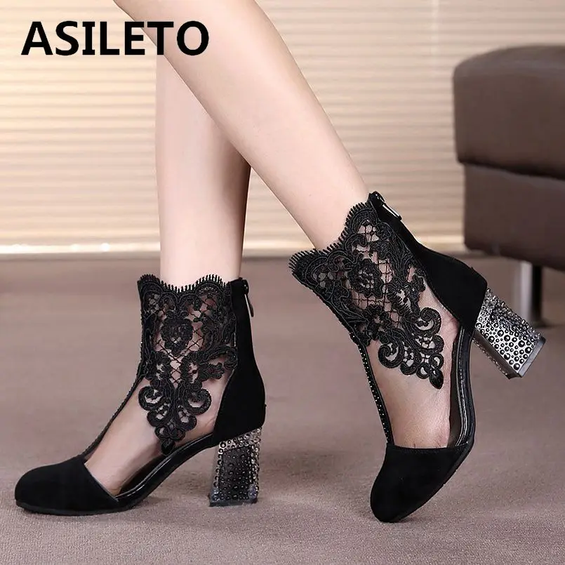 

ASILETOSummer Peep Toe boots Sandals Lace Female Boots High Heel Sexy Sandalias Mujer Embroider flower Gladiator Sandalias mujer