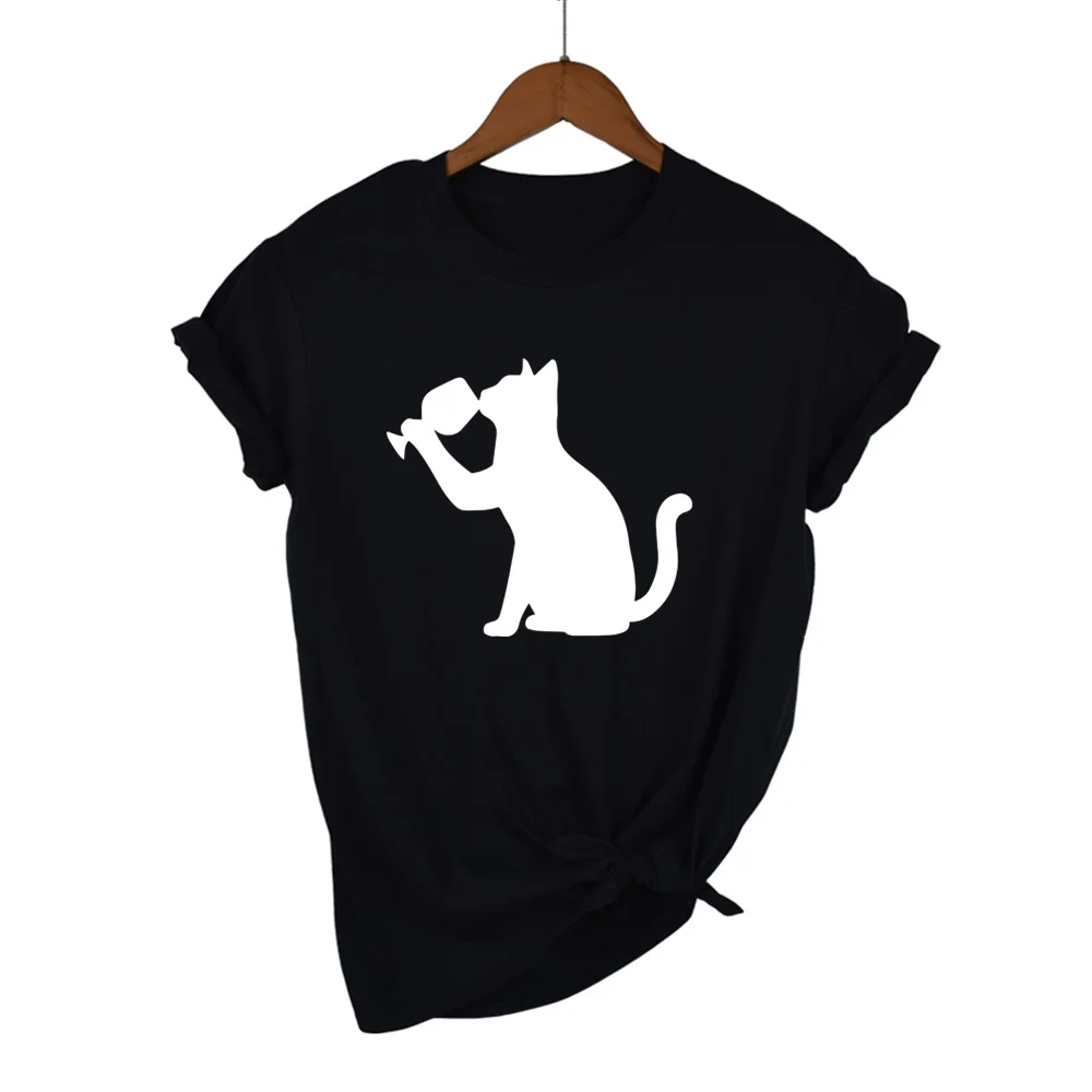Высокое качество хлопок летняя модная женская футболка напиток кошка футболка с коротким рукавом o-образным вырезом Повседневная Большие размеры