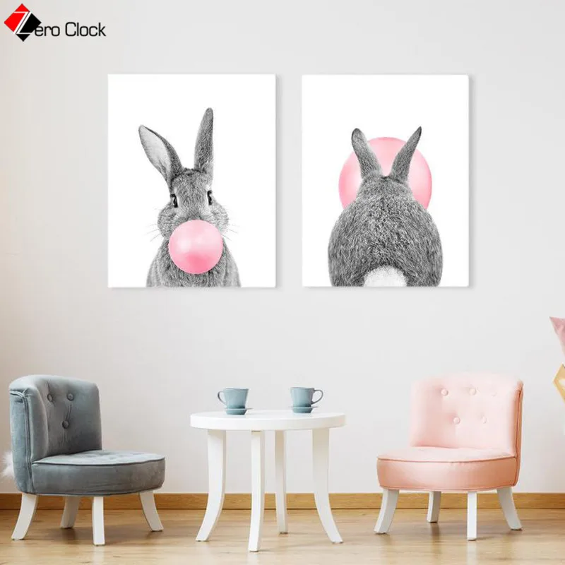 Bunny Rabbit Print Pink Bubble Gum Poster Minimalist Canvas Painting Baby Animals Wall Art Nursery Kids Room Decoration Pictures