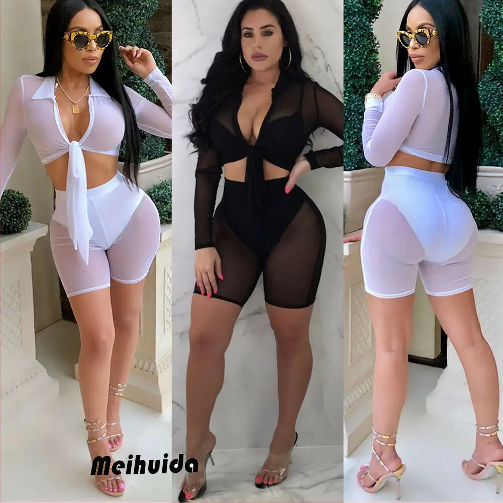 

2PCS High Waist Women's Bikini 2019 Beach Swimsuit Cover up Fishnet See Through Mesh Crop Top Shorts Pant Two Pieces Outfits