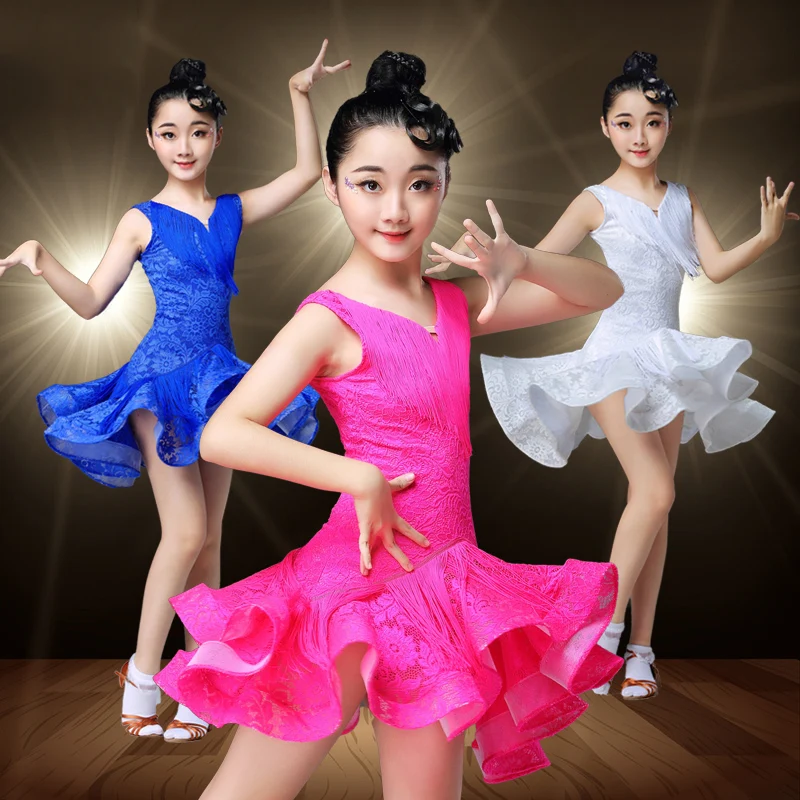 

Latin Dance Dress For Girls Sleeveless Tassel Milk Silk Children Rumba Cha Cha Samba Tango Competition Performance Wear DN3778