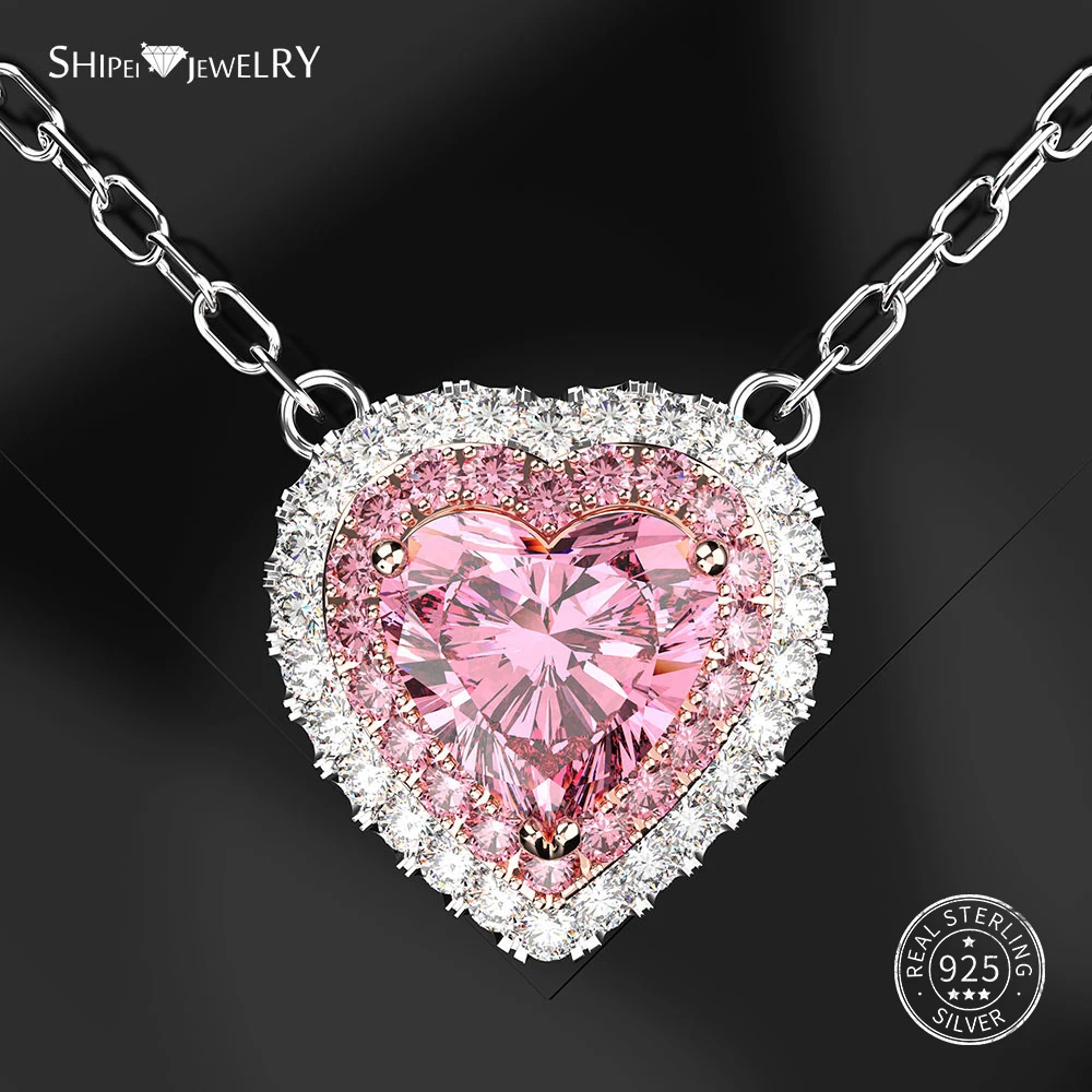 Ожерелье Shipei из стерлингового серебра 925 пробы, ювелирные украшения, розовое сапфировое сердце, кулон, ожерелье для женщин, Подарок на годовщину