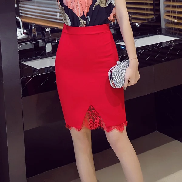 Сексуальная кружевная Лоскутная эластичная тонкая офисная юбка Faldas Mujer для женщин 5XL размера плюс с высокой талией юбка-карандаш Saias юбки - Цвет: Красный