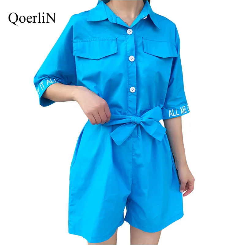 

QoerliN S-2XL Loose Bandage Buttons Printed Jumpsuits Romper Women Plus Size 2018 Summer Beach Street Overalls Girls Red Blue