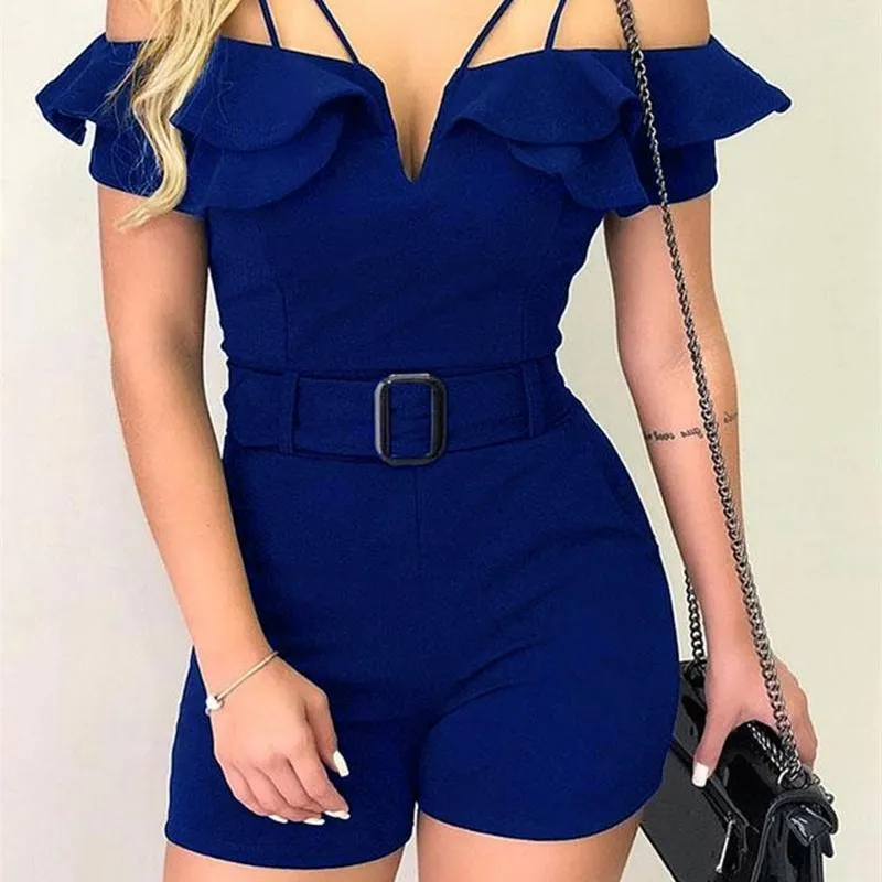 Women Layered Ruffles Short Jumpsuit Sashes Elegant Cold Shoulder Romper V Cut Wrap Skinny Bodycon Casual Party Overalls Women Layered Ruffles Short Jumpsuit Sashes Elegant Cold Shoulder Romper V Cut Wrap Skinny Bodycon Casual Party Overalls