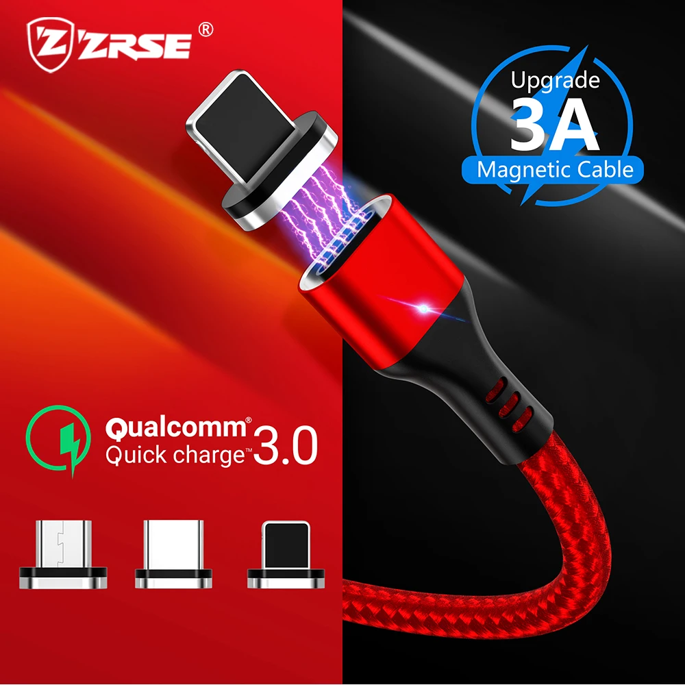 

ZRSE 3A Magnetic Cable Usb Type C Cable For Iphone 11 XS XR X Micro Usb Cables 3 In 1 LED Quick Charge 3.0 Fast Charging Cord