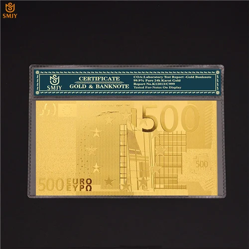 Евро Золото banknotes 10 евро цвет золотой фольги купюр Примечание сбор бумажных денег Патриот памятный подарок - Цвет: 500 Euro-COA (1)