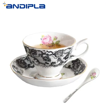 

180ml Creative Lace Rose Ceramic Bone China Coffee Cup and Saucer spoon Kit Water Milk Tea Mug Black tea afternoon tea Drinkware