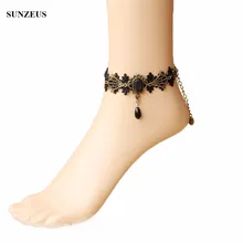 Черное кружево из золотистого металла свадебные перчатки с бисером Винтаж стопы ботильоны с цепочкой Браслеты Свадебная вечеринка аксессуар 1 пара FI023