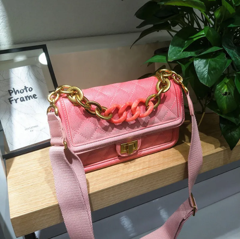 Новые радужные женские сумки через плечо сумка в клетку стеганая Женская яркая ПУ кожа сумки - Цвет: Pink Big