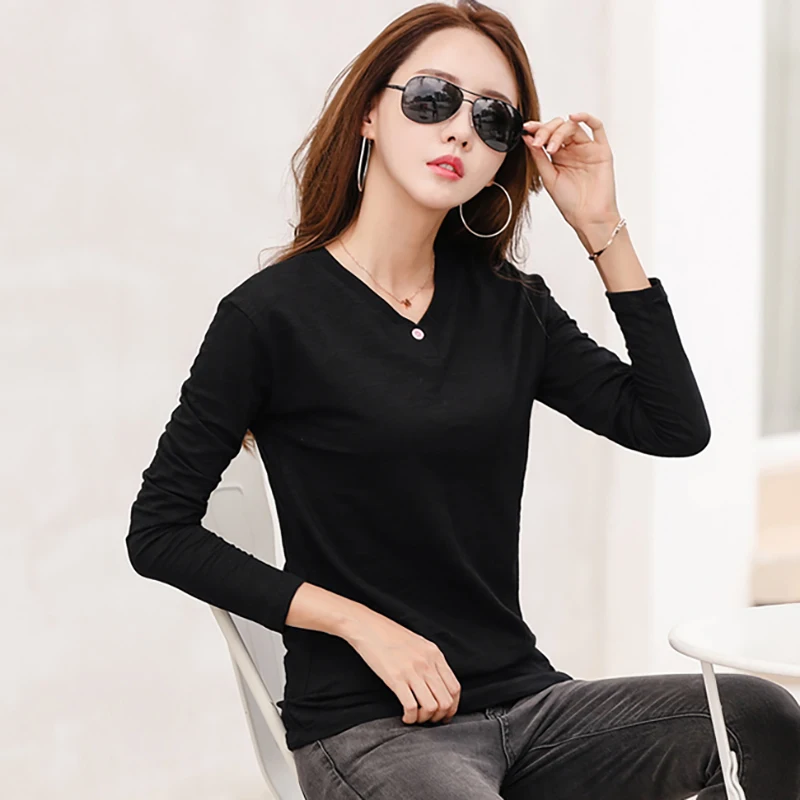 Shintimes Vetement Femme 2018 nueva Camiseta de manga larga para mujer Camiseta de algodón de bambú coreana para mujer Camiseta Top Vogue Camiseta femenina Shintimes Vetement Femme 2018 nueva Camiseta de manga larga para mujer Camiseta de algodón de bambú coreana para mujer Camiseta Top Vogue Camiseta femenina
