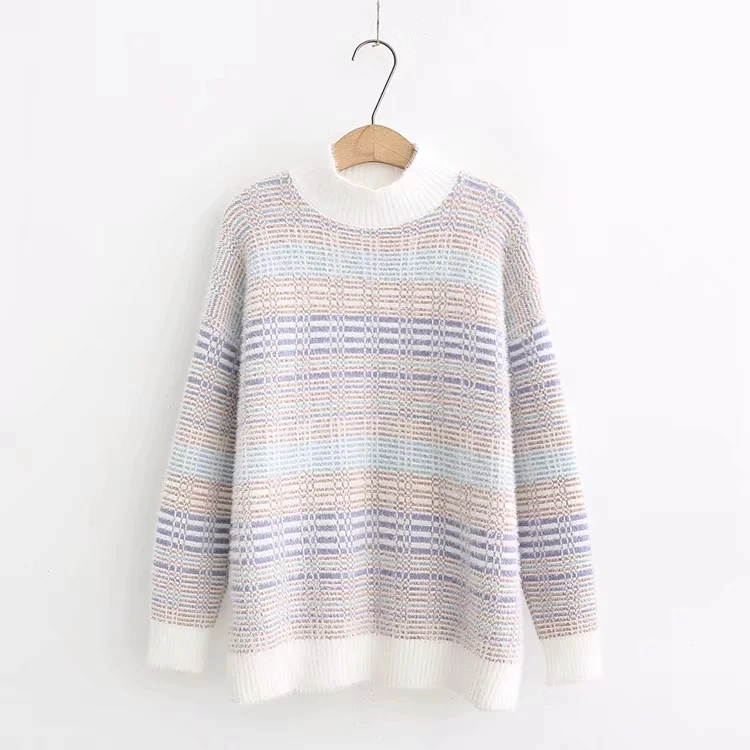 Colorful line jacquard Half high collar long sleeve pullover sweater mori girl | Женская одежда