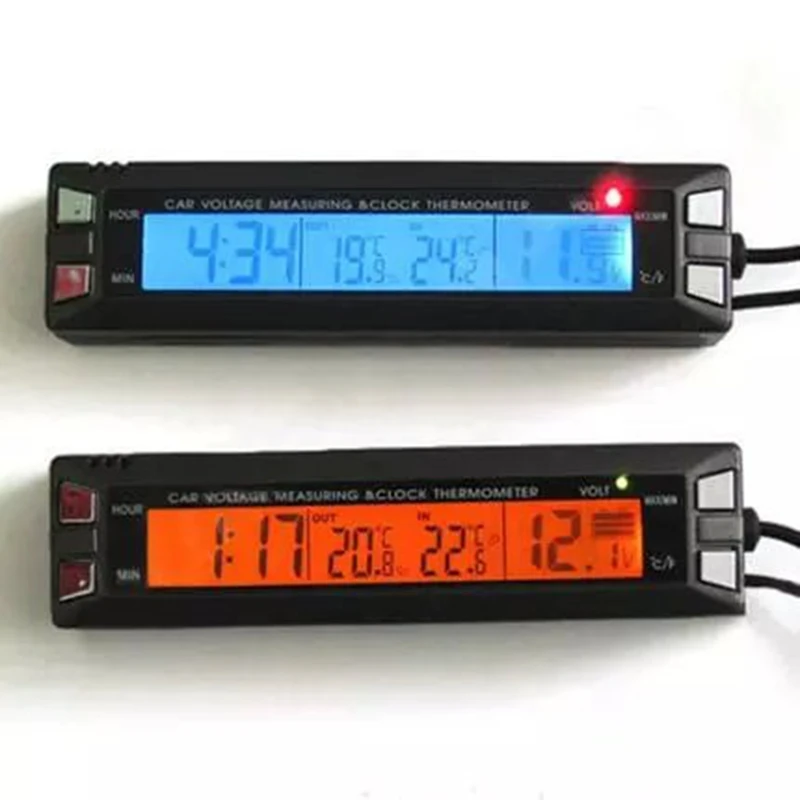 3in1 ЖК-дисплей цифровой автомобильные часы-термометр 12V 24V автомобиль Напряжение монитор Температура вольтметр синий оранжевый с подсветкой