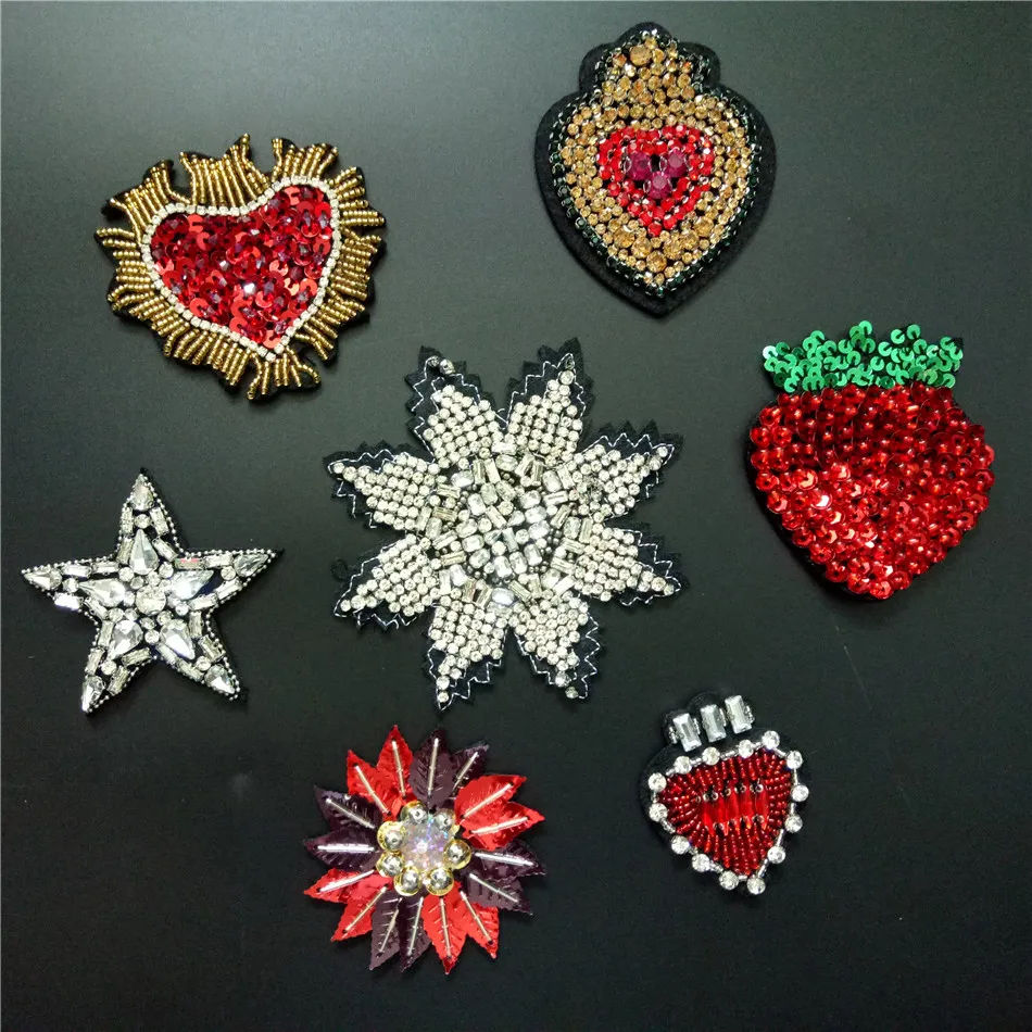 

3D Handmade Rhinestone beaded Patches HEART STAR Sew on sequin Crystal patch for clothing beading Applique cute patch