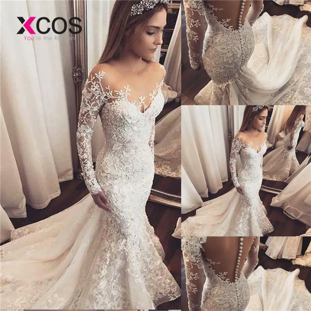 

XCOS Mermaid Long Sleeve Lace Beaded Sequins Sexy Wedding Dresses Vintage Luxury Formal Wedding Gown Robe De Mariee Custom Size