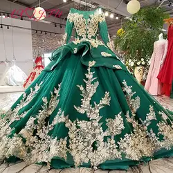 AXJFU роскошный Принцесса зеленый кружева золотой цветок свадебное платье, с вырезом лодочкой Длинные рукава Свадебное платье 100% Настоящее