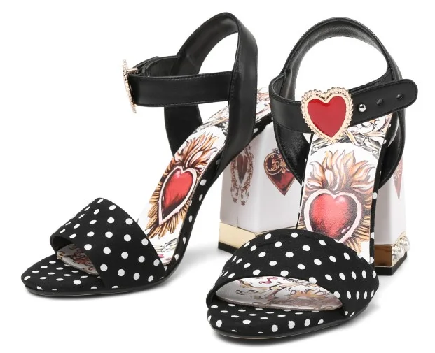 

US4-11 Womens Peep Toe Polka Dot Printed Heart Pearls Rivet Sandals Block Heel Slingback Ankle Buckle Shoes Pumps Plus Size A398