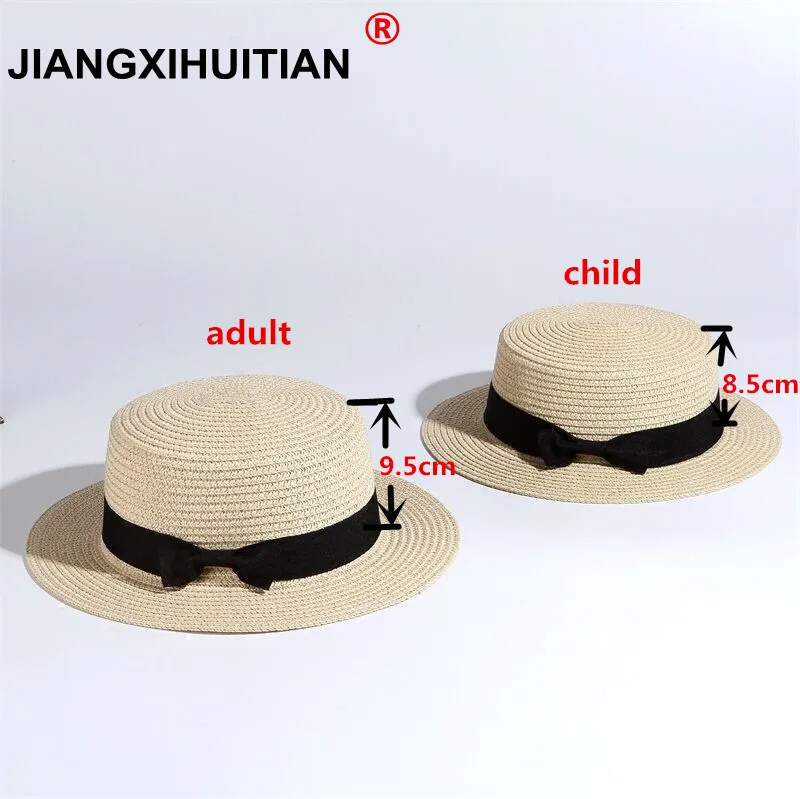 

free shippng 100% good quality Flat Sun Hat Women's bow Straw summer Hats For Women Beach hat 5 Colors chapeau femme boater Gift