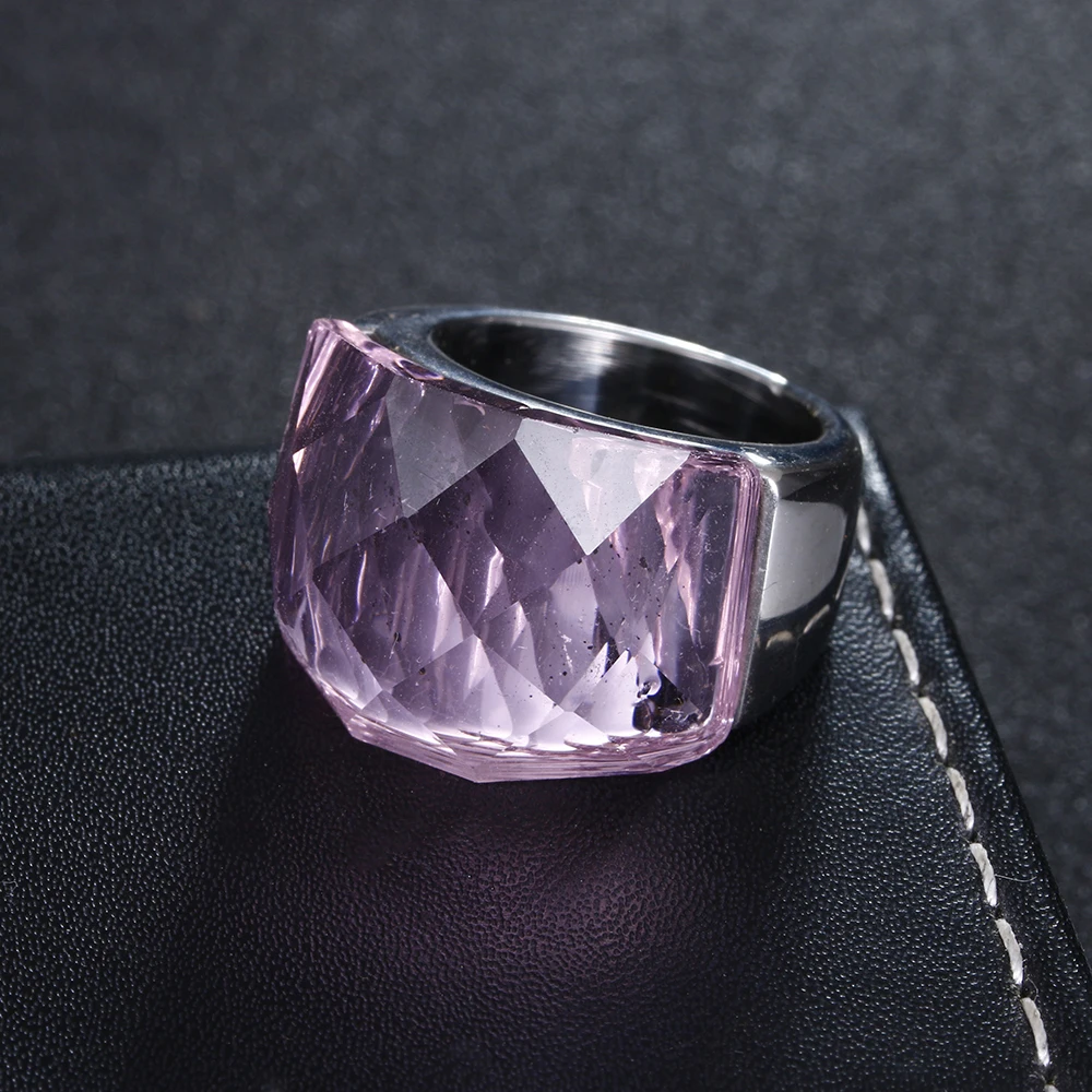 ZMZY Fashion Personality Elegant Big Rings For Women Pink Glass Stone Stainless Steel Wedding Ring Jewelry 4 Color to Choose