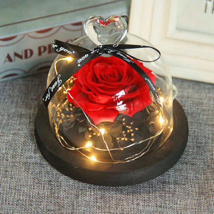 Glass Cover Fresh Preserved Rose Flower Led Light Valentien’s Gifts